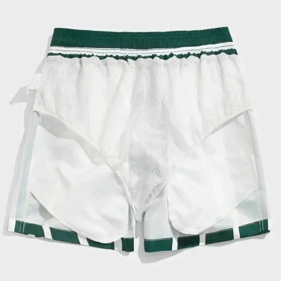 Green Vacation Style Striped Men's Swim Trunks - Picture 6 of 6